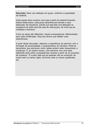 O Empreendedor Aula 3
Orientações ao professor: Módulo 1 – Treinamento Motivacional 28
Descrição: Deve ser realizado em grupo, conforme a quantidade
de material.
Cada equipe deve construir uma casa a partir do material fornecido.
Depois deste passo, cada grupo apresenta aos demais a casa
elaborada. Na sequência, solicite que seja feita uma alteração na
arquitetura de cada casa (da casa de cada grupo), de modo que se
modifique a estrutura.
Como as casas são diferentes, haverá consequências diferenciadas
para cada modificação. Peça aos alunos que relatem suas
experiências.
A partir dessa discussão, relacione a experiência do exercício com a
formação da personalidade e características do indivíduo. Pode-se
demonstrar que estruturas muito rígidas podem estar inacessíveis a
mudanças. E, ao mesmo tempo, uma estrutura com uma base
deficiente pode sofrer consequências severas a partir de um processo
de mudança. É a partir dela que as pessoas irão se comportar de
modo mais ou menos rígido, de forma mais ou menos equilibrada,
etc.
 