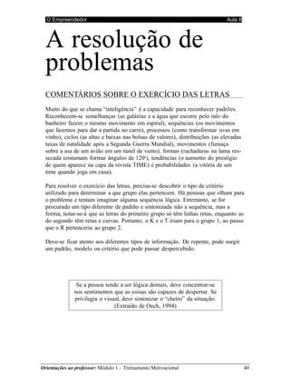 O Empreendedor Aula 8
Orientações ao professor: Módulo 1 – Treinamento Motivacional 40
A resolução de
problemas
COMENTÁRIOS SOBRE O EXERCÍCIO DAS LETRAS
Muito do que se chama “inteligência” é a capacidade para reconhecer padrões.
Reconhecem-se semelhanças (as galáxias e a água que escorre pelo ralo do
banheiro fazem o mesmo movimento em espiral), sequências (os movimentos
que fazemos para dar a partida no carro), processos (como transformar uvas em
vinho), ciclos (as altas e baixas nas bolsas de valores), distribuições (as elevadas
taxas de natalidade após a Segunda Guerra Mundial), movimentos (fumaça
sobre a asa de um avião em um túnel de vento), formas (rachaduras na lama res-
secada costumam formar ângulos de 120o
), tendências (o aumento do prestígio
de quem aparece na capa da revista TIME) e probabilidades (a vitória de um
time quando joga em casa).
Para resolver o exercício das letras, precisa-se descobrir o tipo de critério
utilizado para determinar a que grupo elas pertencem. Há pessoas que olham para
o problema e tentam imaginar alguma sequência lógica. Entretanto, se for
procurado um tipo diferente de padrão e sintonizada não a sequência, mas a
forma, notar-se-á que as letras do primeiro grupo só têm linhas retas, enquanto as
do segundo têm retas e curvas. Portanto, o K e o T iriam para o grupo 1, ao passo
que o R pertenceria ao grupo 2.
Deve-se ficar atento aos diferentes tipos de informação. De repente, pode surgir
um padrão, modelo ou critério que pode passar despercebido.
Se a pessoa tende a ser lógica demais, deve concentrar-se
nos sentimentos que as coisas são capazes de despertar. Se
privilegia o visual, deve sintonizar o “cheiro” da situação.
(Extraído de Oech, 1994)
 