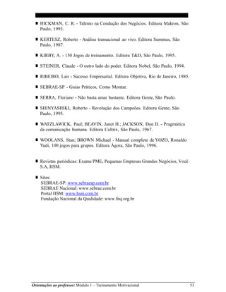 Orientações ao professor: Módulo 1 – Treinamento Motivacional 53
■ HICKMAN, C. R. - Talento na Condução dos Negócios. Editora Makron, São
Paulo, 1993.
■ KERTESZ, Roberto - Análise transacional ao vivo. Editora Summus, São
Paulo, 1987.
■ KIRBY, A. - 150 Jogos de treinamento. Editora T&D, São Paulo, 1995.
■ STEINER, Claude - O outro lado do poder. Editora Nobel, São Paulo, 1994.
■ RIBEIRO, Lair - Sucesso Empresarial. Editora Objetiva, Rio de Janeiro, 1985.
■ SEBRAE-SP - Guias Práticos, Como Montar.
■ SERRA, Floriano - Não basta amar bastante. Editora Gente, São Paulo.
■ SHINYASHIKI, Roberto - Revolução dos Campeões. Editora Gente, São
Paulo, 1995.
■ WATZLAWICK, Paul; BEAVIN, Janet H.; JACKSON, Don D. - Pragmática
da comunicação humana. Editora Cultrix, São Paulo, 1967.
■ WOOLANS, Stan; BROWN Michael - Manual completo de YOZO, Ronaldo
Yudi, 100 jogos para grupos. Editora Ágora, São Paulo, 1996.
■ Revistas periódicas: Exame PME, Pequenas Empresas Grandes Negócios, Você
S.A, HSM.
■ Sites:
SEBRAE-SP: www.sebraesp.com.br
SEBRAE Nacional: www.sebrae.com.br
Portal HSM: www.hsm.com.br
Fundação Nacional da Qualidade: www.fnq.org.br
 