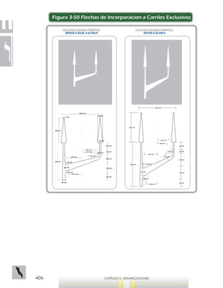 -406- CAPÍTULO 3 - DEMARCACIONES
Figura 3-50 Flechas de Incorporacion a Carriles Exclusivos
320 cm
480 cm
400 cm
80 cm
106 cm
127 cm
144 cm
120 cm
80 cm
40 cm
140 cm
140 cm
80 cm
r 40 cm
r 80 cm
r 40 cm
r 20 cm
12 cm
r 25 cm
r 55 cm
129 cm
141 cm
149 cm
131 cm
105 cm
60 cm
60 cm
55 cm
80 cm
240 cm
50 cm
5 cm
60 cm
400 cm
r 30 cm
r 15 cm
30 cm
360 cm
VELOCIDAD MÁXIMA PERMITIDA
MAYOR A 60 KM/H
VELOCIDAD MÁXIMA PERMITIDA
MENOR O IGUAL A 60 KM/H
 