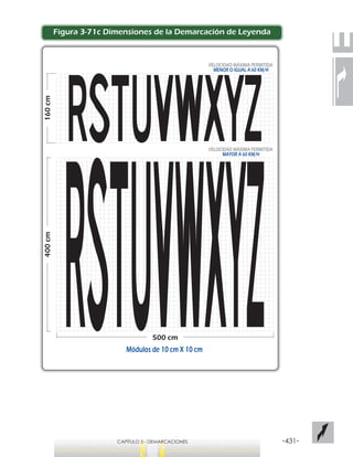 -431-CAPÍTULO 3 - DEMARCACIONES
400cm
500 cm
160cm
VELOCIDAD MÁXIMA PERMITIDA
MAYOR A 60 KM/H
VELOCIDAD MÁXIMA PERMITIDA
MENOR O IGUAL A 60 KM/H
Módulos de 10 cm X 10 cm
Figura 3-71c Dimensiones de la Demarcación de Leyenda
 