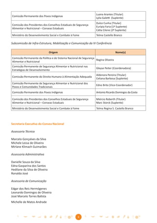 Luana Arantes (Titular)
Comissão Permanente dos Povos Indígenas
                                                                   Lylia Galetti (Suplente)
                                                                   Dulce Cunha (Titular)
Comissão dos Presidentes dos Conselhos Estaduais de Segurança
                                                                   Eurípia Faria (1ª Suplente)
Alimentar e Nutricional – Conseas Estaduais
                                                                   Cátia Cilene (2ª Suplente)
Ministério do Desenvolvimento Social e Combate à Fome              Telma Castello Branco

Subcomissão de Infra-Estrutura, Mobilização e Comunicação da IV Conferência

                                Origem                                               Nome(s)
Comissão Permanente da Política e do Sistema Nacional de Segurança
                                                                   Regina Oliveira
Alimentar e Nutricional
Comissão Permanente de Segurança Alimentar e Nutricional nas
                                                                   Gleyse Peiter (Coordenadora)
Estratégias de Desenvolvimento
                                                                   Aldenora Pereira (Titular)
Comissão Permanente do Direito Humano à Alimentação Adequada
                                                                   Celiana Barbosa (Suplente)
Comissão Permanente de Segurança Alimentar e Nutricional dos
                                                                   Edno Brito (Vice-Coordenador)
Povos e Comunidades Tradicionais
Comissão Permanente dos Povos Indígenas                            Antonio Ricardo Domingos da Costa

Comissão dos Presidentes dos Conselhos Estaduais de Segurança      Miércio Roberth (Titular)
Alimentar e Nutricional – Conseas Estaduais                        Marc Storck (Suplente)
Ministério do Desenvolvimento Social e Combate à Fome              Telma Regina S. Castello Branco




Secretaria Executiva do Consea Nacional

Assessoria Técnica

Marcelo Gonçalves da Silva
Michele Lessa de Oliveira
Mirlane Klimach Guimarães

Assessoria Administrativa

Danielle Souza da Silva
Edna Gasparina dos Santos
Hedilane da Silva de Oliveira
Ronaldo José

Assessoria de Comunicação

Edgar dos Reis Hermógenes
Leonardo Domingos de Oliveira
José Marcelo Torres Batista
Michelle de Matos Andrade



                                                    6
 