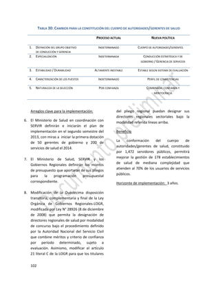 102
Arreglos clave para la implementación:
6. El Ministerio de Salud en coordinación con
SERVIR definirán e iniciarán el plan de
implementación en el segundo semestre del
2013, con miras a iniciar la primera dotación
de 50 gerentes de gobierno y 200 de
servicios de salud el 2014.
7. El Ministerio de Salud, SERVIR y los
Gobiernos Regionales definirán los montos
de presupuesto que aportarán de sus pliegos
para la programación presupuestal
correspondiente.
8. Modificación de la Duodécima disposición
transitoria, complementaria y final de la Ley
Orgánica de Gobiernos Regionales-LOGR,
modificada por Ley N° 28926 (8 de diciembre
de 2008) que permita la designación de
directores regionales de salud por modalidad
de concurso bajo el procedimiento definido
por la Autoridad Nacional del Servicio Civil
que combine méritos y criterio de confianza
por período determinado, sujeto a
evaluación. Asimismo, modificar el artículo
21 literal C de la LOGR para que los titulares
del pliego regional puedan designar sus
directores regionales sectoriales bajo la
modalidad referida líneas arriba.
Beneficio
La conformación del cuerpo de
autoridades/gerentes de salud, constituido
por 1,472 servidores públicos, permitirá
mejorar la gestión de 178 establecimientos
de salud de mediana complejidad que
atienden al 70% de los usuarios de servicios
públicos.
Horizonte de implementación: 3 años.
TABLA 30: CAMBIOS PARA LA CONSTITUCIÓN DEL CUERPO DE AUTORIDADES/GERENTES DE SALUD
PROCESO ACTUAL NUEVA POLÍTICA
1. DEFINICIÓN DEL GRUPO OBJETIVO
DE CONDUCCIÓN Y GERENCIA
INDETERMINADO CUERPO DE AUTORIDADES/GERENTES
2. ESPECIALIZACIÓN INDETERMINADA CONDUCCIÓN ESTRATÉGICA Y DE
GOBIERNO / GERENCIA DE SERVICIOS
3. ESTABILIDAD / DURABILIDAD ALTAMENTE INESTABLE ESTABLE SEGÚN SISTEMA DE EVALUACIÓN
4. CARACTERIZACIÓN DE LOS PUESTOS INDETERMINADO PERFIL DE COMPETENCIAS
5. NATURALEZA DE LA SELECCIÓN POR CONFIANZA COMBINADA: CONFIANZA Y
MERITOCRACIA
 