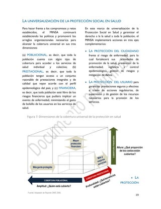 19
LA UNIVERSALIZACIÓN DE LA PROTECCIÓN SOCIAL EN SALUD
Para hacer frente a los compromisos y retos
establecidos, el MINSA continuará
estableciendo las políticas y promoverá los
arreglos organizacionales necesarios para
alcanzar la cobertura universal en sus tres
dimensiones:
(a) POBLACIONAL, es decir, que toda la
población cuente con algún tipo de
cobertura para acceder a los servicios de
salud individual y colectiva; (b)
PRESTACIONAL, es decir, que toda la
población tengan acceso a un conjunto
razonable de prestaciones integrales y de
calidad que vayan acorde con el perfil
epidemiológico del país; y (c) FINANCIERA,
es decir, que toda población esté libre de los
riesgos financieros que pudiera implicar un
evento de enfermedad, minimizando el gasto
de bolsillo de los usuarios en los servicios de
salud.
En este marco de universalización de la
Protección Social en Salud y garantizar el
derecho a la la salud a toda la población, el
MINSA implementará acciones en tres ejes
complementarios:
 LA PROTECCIÓN DEL CIUDADANO
frente al riesgo de enfermedad, para lo
cual fortalecerá sus actividades de
promoción de la salud, prevención de la
enfermedad, vigilancia y control
epidemiológico, gestión de riesgos y
mitigación de daños.
 LA PROTECCIÓN DEL USUARIO para
garantizar prestaciones seguras y efectivas
a través de acciones regulatorias, de
supervisión y de gestión de los recursos
necesarios para la provisión de los
servicios.
 LA
PROTECCIÓN
COBERTURA POBLACIONAL
COBERTURAFINANCIERA
Amplitud: ¿Quién está cubierto?
Altura: ¿Qué proporción
de los costos están
cubiertos?
Más gente protegida
Mayor
protección
financiera
Figura 8 : Dimensiones de la cobertura universal de la proteccoión en salud
Fuente: Adaptado de Reporte OMS 2008.
Figura 7: Dimensiones de la cobertura universal de la protección en salud
 