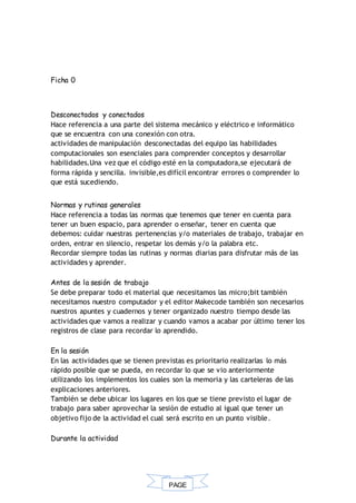 PAGE
*
Ficha 0
Desconectados y conectados
Hace referencia a una parte del sistema mecánico y eléctrico e informático
que se encuentra con una conexión con otra.
actividades de manipulación desconectadas del equipo las habilidades
computacionales son esenciales para comprender conceptos y desarrollar
habilidades.Una vez que el código esté en la computadora,se ejecutará de
forma rápida y sencilla. invisible,es difícil encontrar errores o comprender lo
que está sucediendo.
Normas y rutinas generales
Hace referencia a todas las normas que tenemos que tener en cuenta para
tener un buen espacio, para aprender o enseñar, tener en cuenta que
debemos: cuidar nuestras pertenencias y/o materiales de trabajo, trabajar en
orden, entrar en silencio, respetar los demás y/o la palabra etc.
Recordar siempre todas las rutinas y normas diarias para disfrutar más de las
actividades y aprender.
Antes de la sesión de trabajo
Se debe preparar todo el material que necesitamos las micro;bit también
necesitamos nuestro computador y el editor Makecode también son necesarios
nuestros apuntes y cuadernos y tener organizado nuestro tiempo desde las
actividades que vamos a realizar y cuando vamos a acabar por último tener los
registros de clase para recordar lo aprendido.
En la sesión
En las actividades que se tienen previstas es prioritario realizarlas lo más
rápido posible que se pueda, en recordar lo que se vio anteriormente
utilizando los implementos los cuales son la memoria y las carteleras de las
explicaciones anteriores.
También se debe ubicar los lugares en los que se tiene previsto el lugar de
trabajo para saber aprovechar la sesión de estudio al igual que tener un
objetivo fijo de la actividad el cual será escrito en un punto visible.
Durante la actividad
 