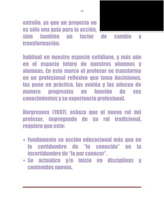 15



extraño, ya que un proyecto no SOY FELIZ PORQUE SOY
                                 ESTUDIANTE DE LA

es sólo una guía para la acción,
                                 PANAMERICANA


sino también un factor de cambio                      y
transformación.

habitual en nuestro espacio cotidiano, y más aún
en el espacio futuro de nuestros alumnos y
alumnas. En este marco el profesor se transforma
en un profesional reflexivo que toma decisiones,
las pone en práctica, las evalúa y las adecua de
manera progresiva en función de sus
conocimientos y su experiencia profesional.

Hargreaves (1997), esboza que el nuevo rol del
profesor, impregnado de su rol tradicional,
requiere que este:

 Fundamente su acción educacional más que en
  la certidumbre de “lo conocido” en la
  incertidumbre de “lo por conocer”.
 Se actualice y/o inicie en disciplinas y
  contenidos nuevos.
 