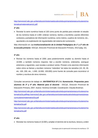 http://servicios2.abc.gov.ar/lainstitucion/sistemaeducativo/educprimaria/areascurriculares/ma
tematica/matematicanro1.pdf
2º año
• Revisitar la serie numérica hasta el 100 como punto de partida para extender el estudio
de los números hasta el 1.000: ordenar números, leerlos y escribirlos usando diferentes
contextos y portadores de información numérica, como metros, cuadros de números, etc.,
apuntando a la explicitación de regularidades del sistema de numeración.
Más información en: La institucionalización de la Unidad Pedagógica de 1° y 2º año de
la escuela primaria– DGCyE, Dirección Provincial de Educación Primaria, 2013 (pág. 22).
3º año
• Revisar los números hasta el 1000, para posteriormente ampliar su dominio hasta el
10.000, y también números mayores: leer y escribir números, ordenarlos, averiguar
anteriores y siguientes, usar escalas o producir series. Proveer a los alumnos información
sobre cómo se llaman y escriben números “redondos” de todos los tamaños (10, 20, 30,
etc. 100, 200, etc., 1.000, 10.000, 100.000) como fuente de consulta para reconstruir el
nombre y escritura de otros números.
Consultar secuencia de trabajo en: MATEMÁTICA Nº 2 A. Numeración. Propuestas para
alumnos de 3º y 4º año. Material para el docente - DGCyE, Dirección Provincial de
Educación Primaria, 2007. Autora: Verónica Grimaldi. Coordinación: Claudia Broitman.
http://servicios2.abc.gov.ar/lainstitucion/sistemaeducativo/educprimaria/areascurriculares/ma
tematica/2a.pdfhttp://servicios2.abc.gov.ar/lainstitucion/sistemaeducativo/educprimaria/areas
curriculares/matematica/2a.pdf
http://servicios2.abc.gov.ar/lainstitucion/sistemaeducativo/educprimaria/areascurriculares/ma
tematica/2a.pdf
http://servicios2.abc.gov.ar/lainstitucion/sistemaeducativo/educprimaria/areascurriculares/ma
tematica/2a.pdf
4º año
• Revisitar los números hasta el 10.000 y ampliar el dominio de la escritura, lectura y orden
Estrategias para la optimización del tiempo de enseñanza / 25
 