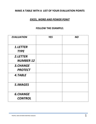 MAKE A TABLE WITH A LIST OF YOUR EVALUATION POINTS


                            EXCEL, WORD AND POWER PONIT


                                         FOLLOW THE EXAMPLE:


EVALUATION                                       YES           NO


    1. LETTER
       TYPE
    2. LETTER
       NUMBER 12
    3. CHANGE
       PROTECT
    4. TABLE

    5. IMAGES

    6. CHANGE
       CONTROL



PROFRA. SARA DEYANIRA MARTÍNEZ VAZQUEZ                              1
 