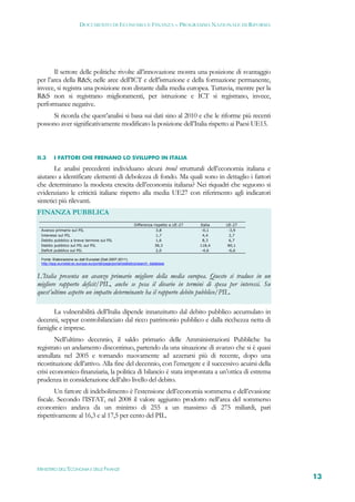 DOCUMENTO DI ECONOMIA E FINANZA – PROGRAMMA NAZIONALE DI RIFORMA




       Il settore delle politiche rivolte all’innovazione mostra una posizione di svantaggio
per l’area della R&S; nelle aree dell’ICT e dell’istruzione e della formazione permanente,
invece, si registra una posizione non distante dalla media europea. Tuttavia, mentre per la
R&S non si registrano miglioramenti, per istruzione e ICT si registrano, invece,
performance negative.
     Si ricorda che quest’analisi si basa sui dati sino al 2010 e che le riforme più recenti
possono aver significativamente modificato la posizione dell’Italia rispetto ai Paesi UE15.



II.3      I FATTORI CHE FRENANO LO SVILUPPO IN ITALIA

        Le analisi precedenti individuano alcuni trend strutturali dell’economia italiana e
aiutano a identificare elementi di debolezza di fondo. Ma quali sono in dettaglio i fattori
che determinano la modesta crescita dell’economia italiana? Nei riquadri che seguono si
evidenziano le criticità italiane rispetto alla media UE27 con riferimento agli indicatori
sintetici più rilevanti.
FINANZA PUBBLICA
                                                            Differenza rispetto a UE-27   Italia   UE-27
 Avanzo primario sul PIL                                                3,8                -0,1     -3,9
 Interessi sul PIL                                                      1,7                4,4       2,7
 Debito pubblico a breve termine sul PIL                                1,6                8,3       6,7
 Debito pubblico sul PIL sul PIL                                        38,3              118,4     80,1
 Deficit pubblico sul PIL                                               2,0                -4,6     -6,6

  Fonte: Elaborazione su dati Eurostat (Dati 2007-2011).
  http://epp.eurostat.ec.europa.eu/portal/page/portal/statistics/search_database


L’Italia presenta un avanzo primario migliore della media europea. Questo si traduce in un
migliore rapporto deficit/PIL, anche se pesa il divario in termini di spesa per interessi. Su
quest’ultimo aspetto un impatto determinante ha il rapporto debito pubblico/PIL.

       La vulnerabilità dell’Italia dipende innanzitutto dal debito pubblico accumulato in
decenni, seppur controbilanciato dal ricco patrimonio pubblico e dalla ricchezza netta di
famiglie e imprese.
        Nell’ultimo decennio, il saldo primario delle Amministrazioni Pubbliche ha
registrato un andamento discontinuo, partendo da una situazione di avanzo che si è quasi
annullata nel 2005 e tornando nuovamente ad azzerarsi più di recente, dopo una
ricostituzione dell’attivo. Alla fine del decennio, con l’emergere e il successivo acuirsi della
crisi economico-finanziaria, la politica di bilancio è stata improntata a un’ottica di estrema
prudenza in considerazione dell’alto livello del debito.
        Un fattore di indebolimento è l’estensione dell’economia sommersa e dell’evasione
fiscale. Secondo l’ISTAT, nel 2008 il valore aggiunto prodotto nell’area del sommerso
economico andava da un minimo di 255 a un massimo di 275 miliardi, pari
rispettivamente al 16,3 e al 17,5 per cento del PIL.




MINISTERO DELL’ECONOMIA E DELLE FINANZE
                                                                                                           13
 