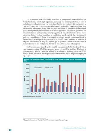 DOCUMENTO DI ECONOMIA E FINANZA – PROGRAMMA NAZIONALE DI RIFORMA




             Se la dinamica del CLUP riflette la nozione di competitività internazionale di un
     Paese che attiene a fattori legati ai prezzi o ai costi del suo sistema produttivo, vi sono in
     realtà fattori non legati ai prezzi e ai costi di produzione che risultano determinanti per la
     capacità di competere di un sistema produttivo nei confronti dei concorrenti esteri (non-
     price e non-cost competitiveness factors). Tipicamente i fattori non di prezzo che influenzano il
     grado di competitività internazionale di un Paese riguardano il contenuto qualitativo dei
     prodotti nonché la realizzazione di un’ampia gamma di prodotti all’interno di uno stesso
     settore produttivo così da soddisfare la predilezione per la varietà che i consumatori
     tendono a manifestare. I fattori di competitività di tipo non-price riguardano inoltre la
     disponibilità di servizi per le imprese resi in modo efficiente e capillare, la presenza di
     adeguate infrastrutture di trasporto nonché, più in generale, l’esistenza di condizioni di
     contesto favorevoli allo svolgimento dell’attività produttiva da parte delle imprese.
             Infine, per quanto riguarda le altre variabili considerate nello Scoreboard, va rilevata la
     contenuta propensione all’indebitamento del settore privato (delle famiglie e delle imprese
     non finanziarie), che ha consentito all’Italia di continuare a registrare, anche nel 2009,
     livelli di debito del settore privato più contenuti rispetto alla media dei paesi europei (cfr.
     Fig. II.8).12
          FIGURA II.8: COMPONENTI DEL DEBITO DEL SETTORE PRIVATO (anno 2010 in percentuale del
          PIL) 

                      350,0

                                   Debito pubblico        Debito privato
                      300,0


                      250,0
          % del PIL




                      200,0


                      150,0


                      100,0


                       50,0


                        0,0
                              AT   BE      DK        FI    FR     DE       EL   IE   IT   NL     PT     UK     ES     SW

      Fonte: Elaborazioni MEF su dati Eurostat.




     12
           Facendo riferimento ai Paesi dell’UE-15, con esclusione del Lussemburgo.




                                                                                      MINISTERO DELL’ECONOMIA E DELLE FINANZE
30
 