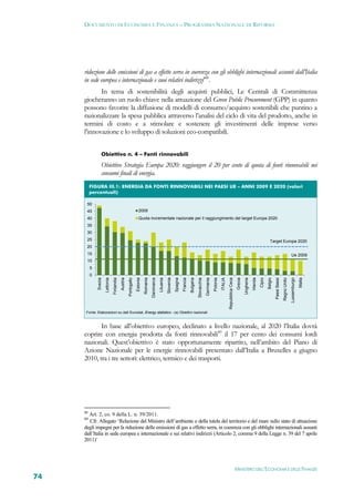 DOCUMENTO DI ECONOMIA E FINANZA – PROGRAMMA NAZIONALE DI RIFORMA




     riduzione delle emissioni di gas a effetto serra in coerenza con gli obblighi internazionali assunti dall’Italia
     in sede europea e internazionale e suoi relativi indirizzi’88.
            In tema di sostenibilità degli acquisti pubblici, Le Centrali di Committenza
     giocheranno un ruolo chiave nella attuazione del Green Public Procurement (GPP) in quanto
     possono favorire la diffusione di modelli di consumo/acquisto sostenibili che puntino a
     razionalizzare la spesa pubblica attraverso l’analisi del ciclo di vita del prodotto, anche in
     termini di costo e a stimolare e sostenere gli investimenti delle imprese verso
     l’innovazione e lo sviluppo di soluzioni eco-compatibili.


                   Obiettivo n. 4 – Fonti rinnovabili

                   Obiettivo Strategia Europa 2020: raggiungere il 20 per cento di quota di fonti rinnovabili nei
                   consumi finali di energia.
          FIGURA III.1: ENERGIA DA FONTI RINNOVABILI NEI PAESI UE – ANNI 2009 E 2020 (valori
          percentuali) 

      50
      45                                                                2009
      40                                                                Quota incrementale nazionale per il raggiungimento del target Europa 2020
      35
      30
      25                                                                                                                                                                                                                                                        Target Europa 2020
      20
      15                                                                                                                                                                                                                                                                                          Ue 2009
      10
          5
          0
              Svezia




                                                                                                                                                                                                                                                                                                  Lussemburgo
                       Lettonia


                                              Austria
                                                        Portogallo




                                                                                                                                    Francia
                                  Finlandia




                                                                     Estonia
                                                                               Romania
                                                                                         Danimarca
                                                                                                     Lituania
                                                                                                                Slovenia
                                                                                                                           Spagna


                                                                                                                                              Bulgaria
                                                                                                                                                         Slovacchia
                                                                                                                                                                      Germania
                                                                                                                                                                                 Polonia
                                                                                                                                                                                           ITALIA


                                                                                                                                                                                                                       Grecia
                                                                                                                                                                                                                                Ungheria
                                                                                                                                                                                                                                           Irlanda
                                                                                                                                                                                                                                                     Cipro
                                                                                                                                                                                                                                                             Belgio
                                                                                                                                                                                                                                                                      Paesi Bassi
                                                                                                                                                                                                                                                                                    Regno Unito


                                                                                                                                                                                                                                                                                                                Malta
                                                                                                                                                                                                    Repubblica Ceca




      Fonte: Elaborazioni su dati Eurostat, Energy statistics - (a) Obiettivi nazionali  



            In base all’obiettivo europeo, declinato a livello nazionale, al 2020 l’Italia dovrà
     coprire con energia prodotta da fonti rinnovabili89 il 17 per cento dei consumi lordi
     nazionali. Quest’obiettivo è stato opportunamente ripartito, nell’ambito del Piano di
     Azione Nazionale per le energie rinnovabili presentato dall’Italia a Bruxelles a giugno
     2010, tra i tre settori: elettrico, termico e dei trasporti.




     88
       Art. 2, co. 9 della L. n. 39/2011.
     89
        Cfr. Allegato ‘Relazione del Ministro dell’ambiente e della tutela del territorio e del mare sullo stato di attuazione
     degli impegni per la riduzione delle emissioni di gas a effetto serra, in coerenza con gli obblighi internazionali assunti
     dall’Italia in sede europea e internazionale e sui relativi indirizzi (Articolo 2, comma 9 della Legge n. 39 del 7 aprile
     2011)’




                                                                                                                                                                                                                      MINISTERO DELL’ECONOMIA E DELLE FINANZE
74
 