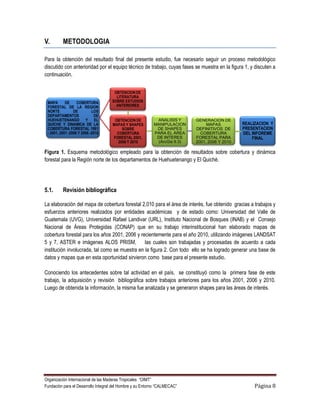 V.        METODOLOGIA

Para la obtención del resultado final del presente estudio, fue necesario seguir un proceso metodológico
discutido con anterioridad por el equipo técnico de trabajo, cuyas fases se muestra en la figura 1, y discuten a
continuación.


                                     OBTENCION DE
                                      LITERATURA
 MAPA       DE     COBERTURA        SOBRE ESTUDIOS
 FORESTAL DE LA REGION                ANTERIORES
 NORTE           DE         LOS
 DEPARTAMENTOS                DE
 HUEHUETENANGO Y EL                   OBTENCION DE          ANALISIS Y     GENERACION DE
 QUICHE Y DINAMICA DE LA             MAPAS Y SHAPES        MANIPULACION         MAPAS          REALIZACION Y
 COBERTURA FORESTAL 1991                  SOBRE             DE SHAPES      DEFINITIVOS DE      PRESENTACION
 - 2001, 2001 -2006 Y 2006 -2010       COBERTURA           PARA EL ÁREA      COBERTURA         DEL INFOREME
                                     FORESTAL 2001,         DE INTERES     FORESTAL PARA           FINAL
                                        2006 Y 2010         (ArcGis 9.3)   2001, 2006 Y 2010

Figura 1. Esquema metodológico empleado para la obtención de resultados sobre cobertura y dinámica
forestal para la Región norte de los departamentos de Huehuetenango y El Quiché.




5.1.      Revisión bibliográfica

La elaboración del mapa de cobertura forestal 2,010 para el área de interés, fue obtenido gracias a trabajos y
esfuerzos anteriores realizados por entidades académicas y de estado como: Universidad del Valle de
Guatemala (UVG), Universidad Rafael Landivar (URL), Instituto Nacional de Bosques (INAB) y el Consejo
Nacional de Áreas Protegidas (CONAP) que en su trabajo interinstitucional han elaborado mapas de
cobertura forestal para los años 2001, 2006 y recientemente para el año 2010, utilizando imágenes LANDSAT
5 y 7, ASTER e imágenes ALOS PRISM, las cuales son trabajadas y procesadas de acuerdo a cada
institución involucrada, tal como se muestra en la figura 2. Con todo ello se ha logrado generar una base de
datos y mapas que en esta oportunidad sirvieron como base para el presente estudio.

Conociendo los antecedentes sobre tal actividad en el país, se constituyó como la primera fase de este
trabajo, la adquisición y revisión bibliográfica sobre trabajos anteriores para los años 2001, 2006 y 2010.
Luego de obtenida la información, la misma fue analizada y se generaron shapes para las áreas de interés.




Organización Internacional de las Maderas Tropicales “OIMT”
Fundación para el Desarrollo Integral del Hombre y su Entorno “CALMECAC”                             Página 8
 