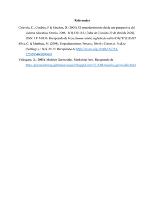 Referencias
Chiavola, C., Cendrós, P & Sánchez, D. (2008). El empoderamiento desde una perspectiva del
sistema educativo. Omnia. 2008;14(3):130-143. [fecha de Consulta 29 de abril de 2020].
ISSN: 1315-8856. Recuperado de https://www.redalyc.org/articulo.oa?id=737/73711121007
Silva, C. & Martínez, M. (2004). Empoderamiento: Proceso, Nivel y Contexto. Psykhe
(Santiago), 13(2), 29-39. Recuperado de https://dx.doi.org/10.4067/S0718-
22282004000200003
Velásquez, G. (2018). Modelos Gerenciales. Marketing Puro. Recuperado de
https://puromarketing-germanvelasquez.blogspot.com/2018/04/modelos-gerenciales.html
 