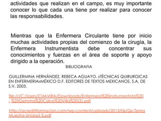 actividades que realizan en el campo, es muy importante
conocer lo que cada una tiene por realizar para conocer
las responsabilidades.
Mientras que la Enfermera Circulante tiene por inicio
muchas actividades propias del comienzo de la cirugía, la
Enfermera Instrumentista debe concentrar sus
conocimientos y fuerzas en el área de soporte y apoyo
dirigido a la operación.
BIBLIOGRAFIA
GUILLERMINA HERNÀNDEZ, REBECA AGUAYO. «TÈCNICAS QUIRURGICAS
EN ENFERMERIA»MÈXICO D.F. EDITORES DE TEXTOS MEXICANOS, S.A. DE
S.V. 2003.
file:///C:/Users/CHAVIRA/Downloads/Enfermera%20Instrumentista%20
- %20Gemma%20Calvo%20Villa%20(2).pdf
http://acreditiformacion.com/wp-content/uploads/2013/06/Qx-Tema
Muestra-Unidad-3.pdf
 