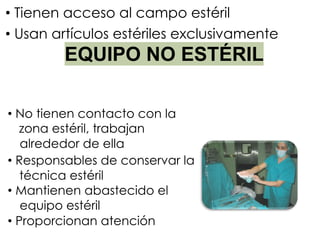 • Tienen acceso al campo estéril
• Usan artículos estériles exclusivamente
EQUIPO NO ESTÉRIL
• No tienen contacto con la
zona estéril, trabajan
alrededor de ella
• Responsables de conservar la
técnica estéril
• Mantienen abastecido el
equipo estéril
• Proporcionan atención
 