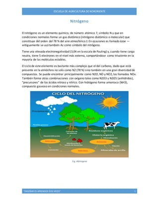 ESCUELA DE AGRICULTURA DE NORORIENTE 
Nitrógeno 
El nitrógeno es un elemento químico, de número atómico 7, símbolo N y que en 
condiciones normales forma un gas diatómico (nitrógeno diatómico o molecular) que 
constituye del orden del 78 % del aire atmosférico.1 En ocasiones es llamado ázoe — 
antiguamente se usó también Az como símbolo del nitrógeno. 
Tiene una elevada electronegatividad (3,04 en la escala de Pauling) y, cuando tiene carga 
neutra, tiene 5 electrones en el nivel más externo, comportándose como trivalente en la 
mayoría de las moléculas estables. 
El ciclo de este elemento es bastante más complejo que el del carbono, dado que está 
presente en la atmósfera no solo como N2 (78 %) sino también en una gran diversidad de 
compuestos. Se puede encontrar principalmente como N2O, NO y NO2, los llamados NOx. 
También forma otras combinaciones con oxígeno tales como N2O3 y N2O5 (anhídridos), 
"precursores" de los ácidos nitroso y nítrico. Con hidrógeno forma amoníaco (NH3), 
compuesto gaseoso en condiciones normales. 
Fig. 34 NNiittrróoggeennoo 
“ENSEÑAR ES APRENDER DOS VECES” 1 
 