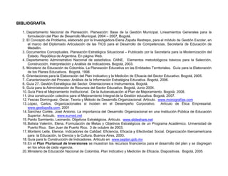 BIBLIOGRAFÍA

  1. Departamento Nacional de Planeación. Planeación: Base de la Gestión Municipal. Lineamientos Generales para la
      formulación del Plan de Desarrollo Municipal. 2004 – 2007, Bogotá.
  2. El Concepto de Problema, elaborado por la Investigadora Elena Zapata Restrepo, para el módulo de Gestión Escolar, en
      el marco del Diplomado Articulación de las TICS para el Desarrollo de Competencias. Secretaría de Educación de
      Medellín.
  3. Documentos Conceptuales. Planeación Estratégica Situacional – Publicado por la Secretaría para la Modernización del
      Estado. República de Argentina. En página Web.
  4. Departamento Administrativo Nacional de estadística. DANE, Elementos metodológicos básicos para la Selección,
      Construcción, Interpretación y Análisis de Indicadores. Bogotá, 2003.
  5. Ministerio de Educación de Colombia. La Planeación Educativa en las Entidades Territoriales. Guía para la Elaboración
      de los Planes Educativos. Bogotá, 1998
  6. Orientaciones para la Elaboración del Plan Indicativo y la Medición de Eficacia del Sector Educativo. Bogotá, 2005.
  7. Caracterización del Proceso: Análisis de la Información Estratégica Educativa. Bogotá, 2006.
  8. Guía 27. Gestión Estratégica del Sector. Orientaciones e Instrumentos. Bogotá.
  9. Guía para la Administración de Recursos del Sector Educativo. Bogotá, Junio 2004.
  10. Guía Para el Mejoramiento Institucional. De la Autoevaluación al Plan de Mejoramiento. Bogotá, 2008.
  11. Una construcción colectiva para el Mejoramiento Integral de la Gestión educativa. Bogotá, 2007.
  12. Yescas Domínguez, Oscar. Teoría y Método de Desarrollo Organizacional. Artículo. www.monografías.com
  13. López, Carlos. Organizacionales si inciden en el Desempeño Corporativo.                Artículo de Ética Empresarial.
      www.gestiopolis.com, 2001
  14. Sánchez Cortés, José Antonio. La importancia del Desarrollo Organizacional en una Institución Pública de Educación
      Superior. Artículo. www.eumed.net
  15. Pardo Sarmiento, Leonardo. Objetivos Estratégicos. Artículo. www.slideshare.net
  16. Batista Valentín, Elena. Formulación de Metas y Objetivos Estratégicos de un Programa Académico. Universidad de
      Puerto Rico. San Juan de Puerto Rico. 3 de octubre de 2003.
  17. Monteiro Leite, Elenice. Indicadores de Calidad: Eficiencia, Eficacia y Efectividad Social. Organización Iberoamericana
      para la Educación, la Ciencia y la Cultura. Buenos Aires, 2003.
  18. Guía para la Construcción de Indicadores. Artículo en www.seplan.gob.mx
  19. En el Plan Plurianual de Inversiones se muestran los recursos financieros para el desarrollo del plan y se disgregan
      en los años de cada vigencia.
  20. Ministerio de Educación Nacional de Colombia. Plan Indicativo y Medición de Eficacia. Diapositivas. Bogotá, 2005
 
