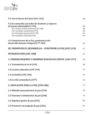 114115
9.1 Con la fuerza del amor [161-162]
9.2 En comunión con todos los hombres y mujeres
de buena voluntad[163-176]
9.2.1 El bien común universal [163-168]
9.2.2 Caridad y verdad [169-171]
9.2.3 Caridad y Justicia [172-175]
9.2.4 Caridad y Libertad [176]
9.3 Constructores de la Paz, promotores del
desarrollo humano integral [177-184]
III. PROMOVER EL DESARROLLO – CONSTRUIR LA PAZ [185-239]
INTRODUCCIÓN [185-188]
1. FORMAR MUJERES Y HOMBRES NUEVOS EN CRISTO [189-197]
1.1 Transmisión de la fe [191]
1.2 La tarea educativa [192-194]
1.3 La familia [195-196]
1.4 La vida comunitaria [197]
2. EDUCACIÓN PARA LA PAZ [298-208]
2.1 Difundir pensamientos de paz [199]
2.2 Fomentar sentimientos de paz [200]
2.3 Impulsar gestos de paz [201]
2.4 Promover un lenguaje de paz [202]
58
58
58
60
61
63
63
67
67
68
68
70
72
76
77
78
79
80
81
 
