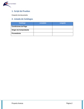 Proyecto Avanza Página 2
1. Script de Pruebas
Creación de documento
2. Listado de Catálogos
Catalogo completo cargado
Condiciones de Pago
Origen de Comprobante
Proveedores
 