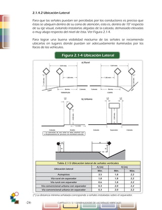 -24- CAPÍTULO 2 / 2-1 GENERALIDADES DE LAS SEÑALES VERTICALES
a) Rural
Berma
Talud
Talud
BermaCalzada Calzada
1,80 min.
1,50min.
1,50min.
3,60 máx. 3,60 máx.
1,80 min.
CORTETERRAPLEN
b) Urbano
2,00min.
* 1,6 min.
Calzada Calzada CalzadaAndén Separador
2,00min.
0,30
min.
0,30
min.
0,30
min.
A
H H
A
2.1.4.2 Ubicación Lateral
Para que las señales puedan ser percibidas por los conductores es preciso que
éstas se ubiquen dentro de su cono de atención, esto es, dentro de 10° respecto
de su eje visual, evitando instalarlas alejadas de la calzada, demasiado elevadas
o muy abajo respecto del nivel de ésta. Ver Figura 2.1-4.
Para lograr una buena visibilidad nocturna de las señales se recomienda
ubicarlas en lugares donde puedan ser adecuadamente iluminadas por los
focos de los vehículos.
Figura 2.1-4 Ubicación Lateral
(*) La distancia mínima señalada corresponde a señales instaladas sobre el separador.
Tabla 2.1-5 Ubicación lateral de señales verticales
Ubicación lateral
A/(m) H/(m)
Mín. Mín. Máx.
Autopistas 3,5 1,8 2,2
Vía rural sin separador 1,8 1,8 2,2
Vía rural con separador 0,6 1,8 2,2
Vía convencional urbana con separador 0,3 2,0 2,2
Vía convencional urbana sin separador 0,3 2,0 2,2
 