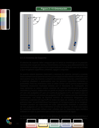 -26- CAPÍTULO 2 / 2-1 GENERALIDADES DE LAS SEÑALES VERTICALES
93°
90°
93°
90°
93°
90°
Figura 2.1-5 Orientación
2.1.5 Sistema de Soporte
El sistema de soporte debe asegurar que la señal se mantenga en la posición
correcta ante cargas de viento y movimientos sísmicos y que adicionalmente no
represente un peligro grave al ser impactado por un vehículo, que no se rompa
y que no genere superficies cortantes, agujas o esquirlas.
Se podrán utilizar distintos materiales y sistemas de soporte, siempre y cuando
éstos cuenten con el sustento técnico y/o ensayos de laboratorio certificados que
demuestren que los mismos cumplen las condiciones descritas anteriormente
o sistemas abatibles o quebradizos que no generen superficies cortantes o
punzantes. Para los anteriores casos se debe contar con la previa autorización
mediante resolución motivada emitida por el Ministerio de Transporte. En
caso contrario se deben utilizar sistemas de soporte constituidos por poste
monolítico y brazos, elaborados en perfil en ángulo de hierro de dos pulgadas
(2”) por dos pulgadas (2”) por un cuarto de pulgada (1/4”), de espesor para el
elemento vertical y un octavo de pulgada (1/8”) de espesor para los elementos
horizontales, con límite de fluencia mínimo de veinticinco kilogramos por
milímetro cuadrado (25 kg/mm2
) en todos los tipos de señales, el cual será de
primera clase, no permitiéndose hormigueo en ninguna parte de su longitud.
También pueden ser fabricados en tubo, galvanizado redondo o cuadrado,
de dos pulgadas (2”) y dos milímetros (2 mm) de espesor; en este caso todos
los extremos expuestos deben estar sellados con su respectiva tapa metálica
soldada en todo su perímetro para evitar la penetración de agua.
Se deberá garantizar la rigidez de las láminas de los tableros correspondientes a
las señales preventivas (SP), reglamentarias (SR), informativas de identificación,
 