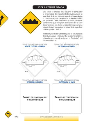 -142- CAPÍTULO 2 / 2-3 SEÑALES PREVENTIVAS
SP-24 SUPERFICIE RIZADA
Esta señal se emplea para advertir al conductor
la proximidad de irregularidades sucesivas en la
superficiedela vía, lascualespuedencausardaños
o desplazamientos peligrosos o incontrolables
del vehículo. Debe removerse cuando cesen las
condiciones que obligaron a instalarla. En el caso
de ser extenso los daños se podrá incorporar una
placa inferior indicando la longitud de la superficie
rizada, ejemplo “600 m”.
También puede ser utilizada para la señalización
de reductores de velocidad del tipo sonorizadores
o bandas sonoras, descritos en el Capítulo 5 del
presente Manual.
VELOCIDAD MÁXIMA PERMITIDA
MENOR O IGUAL A 50 KM/H
VELOCIDAD MÁXIMA PERMITIDA
SUPERIOR A 90 KM/H
Su uso no corresponde
a esta velocidad
Su uso no corresponde
a esta velocidad
VELOCIDAD MÁXIMA PERMITIDA
DE 60 KM/H O 70 KM/H
VELOCIDAD MÁXIMA PERMITIDA
DE 80 KM/H O 90 KM/H
5 cm
7 cm
7 cm
7 cm
7 cm
7 cm
7 cm
10 cm
25 cm
3 cm
8,8 cm
8,8 cm
6,2 cm
8,8 cm
8,8 cm
8,8 cm
8,8 cm
12,5 cm
31,3 cm
3,8 cm
60 cm 75 cm
 