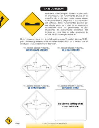 -146- CAPÍTULO 2 / 2-3 SEÑALES PREVENTIVAS
SP-26 DEPRESIÓN
Esta señal se emplea para advertir al conductor
la proximidad a un hundimiento brusco en la
superficie de la vía, que puede causar daños
o desplazamientos peligrosos o incontrolables
del vehículo. Estos hundimientos pueden ser
por diseño, como es el caso de un vado cuya
señalización debe ser permanente, o por
situaciones de asentamiento diferencial del
terreno, en cuyo caso se debe programar la
reparación en un tiempo razonable.
Debe complementarse con la señal reglamentaria Velocidad Máxima SR-30,
para disminuir gradualmente la velocidad de operación en la medida que el
conductor se va acercando a la depresión.
VELOCIDAD MÁXIMA PERMITIDA
MENOR O IGUAL A 50 KM/H
VELOCIDAD MÁXIMA PERMITIDA
SUPERIOR A 90 KM/H
Su uso no corresponde
a esta velocidad
VELOCIDAD MÁXIMA PERMITIDA
DE 60 KM/H O 70 KM/H
VELOCIDAD MÁXIMA PERMITIDA
DE 80 KM/H O 90 KM/H
5 cm
10 cm
50 cm
r 25 cm
7,5 cm
15 cm
75 cm
r 37,5 cm
6,3 cm
12,5 cm
62,5 cm
r 31,3 cm
60 cm
90 cm
75 cm
 