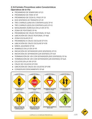 -177-CAPÍTULO 2 / 2-3 SEÑALES PREVENTIVAS
2.3.8 Señales Preventivas sobre Características
Operativas de la Vía
●● PROXIMIDAD DE SEMÁFORO SP-23
●● PROXIMIDAD DE PARE SP-29
●● PROXIMIDAD DE CEDA EL PASO SP-33
●● DOS SENTIDOS DE TRÁNSITO SP-39
●● TRES CARRILES (UNO EN CONTRAFLUJO) SP-41
●● TRES CARRILES (DOS EN CONTRAFLUJO) SP-43
●● MAQUINARIA AGRÍCOLA EN LA VÍA SP-45
●● ZONA DE PEATONES SP-46
●● PROXIMIDAD DE CRUCE PEATONAL SP-46A
●● UBICACIÓN DE CRUCE PEATONAL SP-46B
●● ZONA ESCOLAR SP-47
●● PROXIMIDAD A CRUCE ESCOLAR SP-47A
●● UBICACIÓN DE CRUCE ESCOLAR SP-47B
●● NIÑOS JUGANDO SP-48
●● ANIMALES EN LA VÍA SP-49
●● INICIACIÓN DE SEPARADOR (DOS SENTIDOS) SP-55
●● INICIACIÓN DE SEPARADOR (UN SENTIDO) SP-55A
●● TERMINACIÓN DE VÍA CON SEPARADOR (DOS SENTIDOS) SP-56
●● TERMINACIÓN DE VÍA CON SEPARADOR (UN SENTIDO) SP-56A
●● CICLISTAS EN LA VÍA SP-59
●● CRUCE DE CICLISTAS SP-59A
●● UBICACIÓN DE CRUCE DE CICLISTAS SP-59B
●● CONSERVAR ESPACIAMIENTO SP-68
SP-45
 