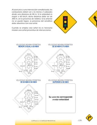 -179-CAPÍTULO 2 / 2-3 SEÑALES PREVENTIVAS
Al acercarse a una intersección semaforizada, los
conductores deben ver a lo menos 2 cabezales
desde una distancia de 80 m. Si la velocidad es
mayor a 60 km/h, dicha distancia debe ser de
200 m, sin la presencia de neblina. Si lo anterior
no se puede lograr, la presencia del semáforo
debe advertirse con esta señal.
Cuando se emplea esta señal no es necesario
instalar una señal preventiva de intersecciones.
VELOCIDAD MÁXIMA PERMITIDA
MENOR O IGUAL A 50 KM/H
VELOCIDAD MÁXIMA PERMITIDA
SUPERIOR A 90 KM/H
Su uso no corresponde
a esta velocidad
VELOCIDAD MÁXIMA PERMITIDA
DE 60 KM/H O 70 KM/H
VELOCIDAD MÁXIMA PERMITIDA
DE 80 KM/H O 90 KM/H
16,4 cm
4,1 cm
4,1 cm
8,2 cm
8,2 cm
4,1 cm
4,1 cm
8,2 cm
r 4,1 cm
5 cm6,4 cm
3,2 cm
20,5 cm
20,5 cm
5,1 cm
5,1 cm
10,3 cm
5,1 cm
10,3 cm
10,3 cm
5,1 cm
r 5,1 cm
6,2 cm8 cm
4 cm
25,6 cm
24,6 cm
6,2 cm
6,1 cm
12,3 cm
6,2 cm
12,3 cm
12,3 cm
6,1 cm
r 6,2 cm
7,5 cm9,6 cm
4,8 cm
30,8 cm
60 cm 75 cm
90 cm
 