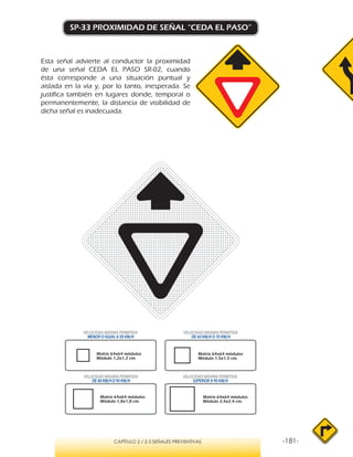 -181-CAPÍTULO 2 / 2-3 SEÑALES PREVENTIVAS
SP-33 PROXIMIDAD DE SEÑAL “CEDA EL PASO”
Esta señal advierte al conductor la proximidad
de una señal CEDA EL PASO SR-02, cuando
ésta corresponde a una situación puntual y
aislada en la vía y, por lo tanto, inesperada. Se
justifica también en lugares donde, temporal o
permanentemente, la distancia de visibilidad de
dicha señal es inadecuada.
VELOCIDAD MÁXIMA PERMITIDA
MENOR O IGUAL A 50 KM/H
VELOCIDAD MÁXIMA PERMITIDA
SUPERIOR A 90 KM/H
VELOCIDAD MÁXIMA PERMITIDA
DE 60 KM/H O 70 KM/H
VELOCIDAD MÁXIMA PERMITIDA
DE 80 KM/HO 90 KM/H
Matriz 64x64 módulos
Módulo 1,2x1,2 cm.
Matriz 64x64 módulos
Módulo 1,5x1,5 cm.
Matriz 64x64 módulos
Módulo 1,8x1,8 cm.
Matriz 64x64 módulos
Módulo 2,4x2,4 cm.
 