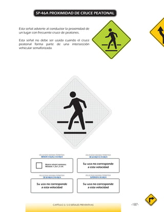 -187-CAPÍTULO 2 / 2-3 SEÑALES PREVENTIVAS
SP-46A PROXIMIDAD DE CRUCE PEATONAL
Esta señal advierte al conductor la proximidad de
un lugar con frecuente cruce de peatones.
Esta señal no debe ser usada cuando el cruce
peatonal forma parte de una intersección
vehicular semaforizada.
VELOCIDAD MÁXIMA PERMITIDA
MENOR O IGUAL A 50 KM/H
VELOCIDAD MÁXIMA PERMITIDA
SUPERIOR A 90 KM/H
Su uso no corresponde
a esta velocidad
Su uso no corresponde
a esta velocidad
Su uso no corresponde
a esta velocidad
VELOCIDAD MÁXIMA PERMITIDA
DE 60 KM/H O 70 KM/H
VELOCIDAD MÁXIMA PERMITIDA
DE 80 KM/HO 90 KM/H
Matriz 64x64 módulos
Módulo 1,2x1,2 cm.
 