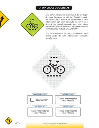 -200- CAPÍTULO 2 / 2-3 SEÑALES PREVENTIVAS
SP-59A CRUCE DE CICLISTAS
Esta señal advierte la proximidad de un lugar
de cruce frecuente de ciclistas. También puede
ser usada para advertir la proximidad a una
intersección con una ciclorruta, en cuyo caso
deberá ser complementada con una placa
informativa adicional ubicada debajo de la señal
con la leyenda “CRUCE CICLORRUTA”.
Esta señal no debe ser usada cuando el cruce
forma parte de una intersección vehicular
semaforizada.
VELOCIDAD MÁXIMA PERMITIDA
MENOR O IGUAL A 50 KM/H
VELOCIDAD MÁXIMA PERMITIDA
DE 60 KM/H O 70 KM/H
VELOCIDAD MÁXIMA PERMITIDA
DE 80 KM/HO 90 KM/H
VELOCIDAD MÁXIMA PERMITIDA
SUPERIOR A 90 KM/H
Su uso no corresponde
a esta velocidad
Su uso no corresponde
a esta velocidad
Su uso no corresponde
a esta velocidad
Matriz 64x64 módulos
Módulo 1,2x1,2 cm.
 