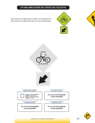 -201-CAPÍTULO 2 / 2-3 SEÑALES PREVENTIVAS
SP-59B UBICACIÓN DE CRUCE DE CICLISTAS
Esta señal se emplea para indicar al conductor el
sitio mismo de ubicación de un cruce de bicicleta.
VELOCIDAD MÁXIMA PERMITIDA
MENOR O IGUAL A 50 KM/H
VELOCIDAD MÁXIMA PERMITIDA
SUPERIOR A 90 KM/H
Su uso no corresponde
a esta velocidad
Su uso no corresponde
a esta velocidad
Su uso no corresponde
a esta velocidad
Matriz 1: 64x64 módulos
Módulo 1,2x1,2 cm.
Matriz 2: 36x36 módulos
Módulo 1x1 cm.
VELOCIDAD MÁXIMA PERMITIDA
DE 60 KM/H O 70 KM/H
VELOCIDAD MÁXIMA PERMITIDA
DE 80 KM/HO 90 KM/H
 