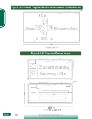 -226- CAPÍTULO 2 / 2-4 SEÑALES INFORMATIVAS
Figura 2.4-5b Diagrama Mensaje simple
Figura 2.4-5a SI-05B Diagrama Flechas de Destino en Señal de Glorieta
 