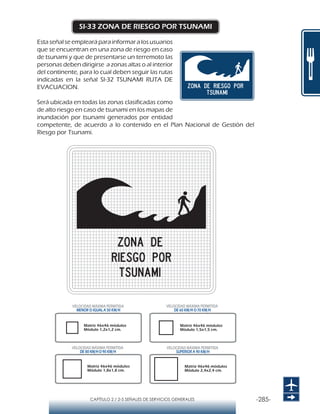 -285-CAPÍTULO 2 / 2-5 SEÑALES DE SERVICIOS GENERALES
SI-33 ZONA DE RIESGO POR TSUNAMI
Esta señal se empleará para informar a los usuarios
que se encuentran en una zona de riesgo en caso
de tsunami y que de presentarse un terremoto las
personas deben dirigirse a zonas altas o al interior
del continente, para lo cual deben seguir las rutas
indicadas en la señal SI-32 TSUNAMI RUTA DE
EVACUACION.
Será ubicada en todas las zonas clasificadas como
de alto riesgo en caso de tsunami en los mapas de
inundación por tsunami generados por entidad
competente, de acuerdo a lo contenido en el Plan Nacional de Gestión del
Riesgo por Tsunami.
Matriz 46x46 módulos
Módulo 1,2x1,2 cm.
Matriz 46x46 módulos
Módulo 1,5x1,5 cm.
Matriz 46x46 módulos
Módulo 1,8x1,8 cm.
Matriz 46x46 módulos
Módulo 2,4x2,4 cm.
VELOCIDAD MÁXIMA PERMITIDA
MENOR O IGUAL A 50 KM/H
VELOCIDAD MÁXIMA PERMITIDA
SUPERIOR A 90 KM/H
VELOCIDAD MÁXIMA PERMITIDA
DE 60 KM/H O 70 KM/H
VELOCIDAD MÁXIMA PERMITIDA
DE 80 KM/HO 90 KM/H
 