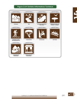 -297-CAPÍTULO 2 / 2-6 SEÑALES INFORMATIVAS TURÍSTICAS
ST-21 ST-22 ST-23 ST-24
ST-25 ST-26 ST-27 ST-28
ST-29 ST-30
PÁRAMO RÍO PARQUE NACIONAL
NATURAL
OBSERVATORIO DE
FLORA Y FAUNA
SENDERO PARA
EXCURSIONISTAS
PARAPENTE ESCALADA RAFTING
COMUNIDAD
INDÍGENA
MONUMENTO
NACIONAL
Figura 2.6-4 Señales Informativas Turísticas
 