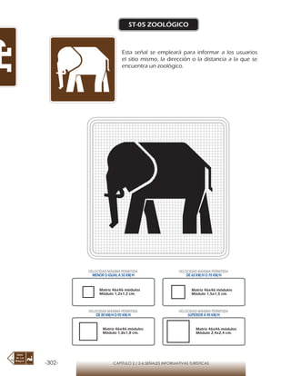 -302- CAPÍTULO 2 / 2-6 SEÑALES INFORMATIVAS TURÍSTICAS
ST-05 ZOOLÓGICO
Esta señal se empleará para informar a los usuarios
el sitio mismo, la dirección o la distancia a la que se
encuentra un zoológico.
Matriz 46x46 módulos
Módulo 1,2x1,2 cm.
Matriz 46x46 módulos
Módulo 1,5x1,5 cm.
Matriz 46x46 módulos
Módulo 1,8x1,8 cm.
Matriz 46x46 módulos
Módulo 2,4x2,4 cm.
VELOCIDAD MÁXIMA PERMITIDA
MENOR O IGUAL A 50 KM/H
VELOCIDAD MÁXIMA PERMITIDA
DE 60 KM/H O 70 KM/H
VELOCIDAD MÁXIMA PERMITIDA
DE 80 KM/HO 90 KM/H
VELOCIDAD MÁXIMA PERMITIDA
SUPERIOR A 90 KM/H
 