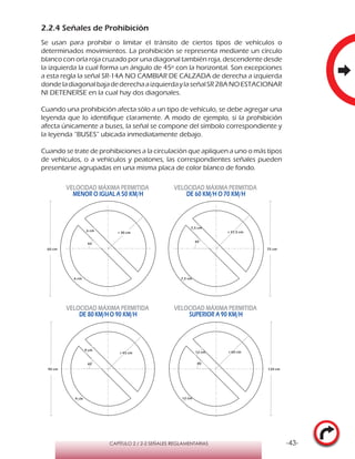 -43-CAPÍTULO 2 / 2-2 SEÑALES REGLAMENTARIAS
2.2.4 Señales de Prohibición
Se usan para prohibir o limitar el tránsito de ciertos tipos de vehículos o
determinados movimientos. La prohibición se representa mediante un círculo
blanco con orla roja cruzado por una diagonal también roja, descendente desde
la izquierda la cual forma un ángulo de 45º con la horizontal. Son excepciones
a esta regla la señal SR-14A NO CAMBIAR DE CALZADA de derecha a izquierda
dondeladiagonalbajadederechaaizquierdaylaseñalSR28ANOESTACIONAR
NI DETENERSE en la cual hay dos diagonales.
Cuando una prohibición afecta sólo a un tipo de vehículo, se debe agregar una
leyenda que lo identifique claramente. A modo de ejemplo, si la prohibición
afecta únicamente a buses, la señal se compone del símbolo correspondiente y
la leyenda “BUSES” ubicada inmediatamente debajo.
Cuando se trate de prohibiciones a la circulación que apliquen a uno o más tipos
de vehículos, o a vehículos y peatones, las correspondientes señales pueden
presentarse agrupadas en una misma placa de color blanco de fondo.
VELOCIDAD MÁXIMA PERMITIDA
MENOR O IGUAL A 50 KM/H
VELOCIDAD MÁXIMA PERMITIDA
DE 60 KM/H O 70 KM/H
VELOCIDAD MÁXIMA PERMITIDA
DE 80 KM/HO 90 KM/H
VELOCIDAD MÁXIMA PERMITIDA
SUPERIOR A 90 KM/H
r 30 cm
6 cm
6 cm
r 37,5 cm
7,5 cm
7,5 cm
r 45 cm
9 cm
9 cm
r 60 cm12 cm
12 cm
60 cm 75 cm
90 cm 120 cm
 