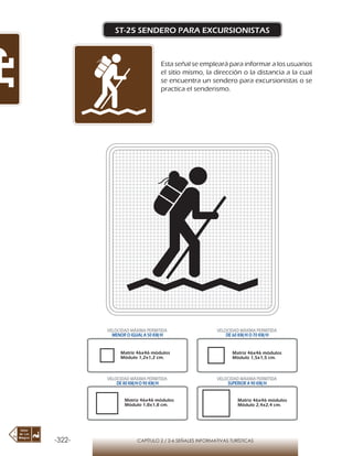 -322- CAPÍTULO 2 / 2-6 SEÑALES INFORMATIVAS TURÍSTICAS
ST-25 SENDERO PARA EXCURSIONISTAS
Esta señal se empleará para informar a los usuarios
el sitio mismo, la dirección o la distancia a la cual
se encuentra un sendero para excursionistas o se
practica el senderismo.
Matriz 46x46 módulos
Módulo 1,2x1,2 cm.
Matriz 46x46 módulos
Módulo 1,5x1,5 cm.
Matriz 46x46 módulos
Módulo 1,8x1,8 cm.
Matriz 46x46 módulos
Módulo 2,4x2,4 cm.
VELOCIDAD MÁXIMA PERMITIDA
MENOR O IGUAL A 50 KM/H
VELOCIDAD MÁXIMA PERMITIDA
DE 60 KM/H O 70 KM/H
VELOCIDAD MÁXIMA PERMITIDA
DE 80 KM/HO 90 KM/H
VELOCIDAD MÁXIMA PERMITIDA
SUPERIOR A 90 KM/H
 
