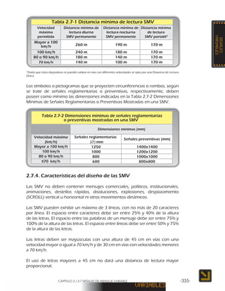 CAPÍTULO 2 / 2-7 SEÑALES DE MENSAJE VARIABLE -335-
*Dado que estos dispositivos se pueden utilizar en vías con diferentes velocidades se opta por una Distancia de Lectura
Única.
Los símbolos o pictogramas que se proyecten circunferencias o rombos, según
se trate de señales reglamentarias o preventivas, respectivamente, deben
poseer como mínimo las dimensiones indicadas en la Tabla 2.7-2 Dimensiones
Mínimas de Señales Reglamentarias o Preventivas Mostradas en una SMV.
2.7.4. Características del diseño de las SMV
Las SMV no deben contener mensajes comerciales, políticos, institucionales,
animaciones, destellos rápidos, disoluciones, explosiones, desplazamiento
(SCROLL) vertical u horizontal ni otros movimientos dinámicos.
Las SMV pueden exhibir un máximo de 3 líneas, con no más de 20 caracteres
por línea. El espacio entre caracteres debe ser entre 25% y 40% de la altura
de las letras. El espacio entre las palabras de un mensaje debe ser entre 75% y
100% de la altura de las letras. El espacio entre líneas debe ser entre 50% y 75%
de la altura de las letras.
Las letras deben ser mayúsculas con una altura de 45 cm en vías con una
velocidad mayor o igual a 70 km/h y de 30 cm en vías con velocidades menores
a 70 km/h.
El uso de letras mayores a 45 cm no dará una distancia de lectura mayor
proporcional.
Tabla 2.7-1 Distancia mínima de lectura SMV
Velocidad
máxima
permitida
Distancia mínima de
lectura diurna
SMV permanente
Distancia mínima de
lectura nocturna
SMV permanente
Distancia mínima
de lectura
SMV portatil*
Tabla 2.7-2 Dimensiones mínimas de señales reglamentarias
o preventivas mostradas en una SMV
Dimensiones mínimas (mm)
Velocidad máxima
(km/h)
Señales reglamentarias
Señales preventivas (mm)
Mayor a 100 km/h 1250 1400x1400
( ) mm
100 km/h 1000 1200x1200
80 o 90 km/h 800 1000x1000
≤70 km/h 600 800x800
 