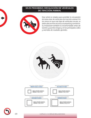 -64- CAPÍTULO 2 / 2-2 SEÑALES REGLAMENTARIAS
SR-25 PROHIBIDA CIRCULACIÓN DE VEHÍCULOS
DE TRACCIÓN ANIMAL
Esta señal se emplea para prohibir la circulación
de toda clase de vehículos de tracción animal. En
las zonas en que este tipo de vehículos circula, se
debeubicarenlosaccesosaautopistasycarreteras.
Su instalación también es recomendable antes de
túneles y puentes largos y en las principales calles
y avenidas de ciudades grandes.
Matriz 40x40 módulos
Módulo 1,2x1,2 cm.
Matriz 40x40 módulos
Módulo 1,5x1,5 cm.
Matriz 40x40 módulos
Módulo 1,8x1,8 cm.
Matriz 40x40 módulos
Módulo 2,4x2,4 cm.
VELOCIDAD MÁXIMA PERMITIDA
MENOR O IGUAL A 50 KM/H
VELOCIDAD MÁXIMA PERMITIDA
DE 60 KM/H O 70 KM/H
VELOCIDAD MÁXIMA PERMITIDA
DE 80 KM/HO 90 KM/H
VELOCIDAD MÁXIMA PERMITIDA
SUPERIOR A 90 KM/H
 