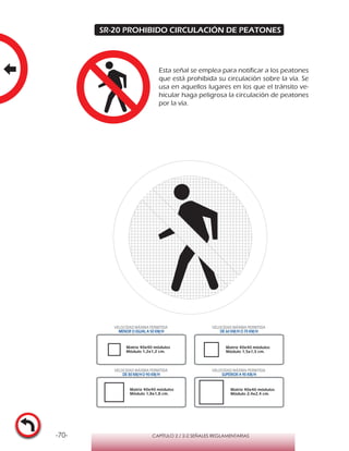 -70- CAPÍTULO 2 / 2-2 SEÑALES REGLAMENTARIAS
SR-20 PROHIBIDO CIRCULACIÓN DE PEATONES
Matriz 40x40 módulos
Módulo 1,2x1,2 cm.
Matriz 40x40 módulos
Módulo 1,5x1,5 cm.
Matriz 40x40 módulos
Módulo 1,8x1,8 cm.
Matriz 40x40 módulos
Módulo 2,4x2,4 cm.
VELOCIDAD MÁXIMA PERMITIDA
MENOR O IGUAL A 50 KM/H
VELOCIDAD MÁXIMA PERMITIDA
DE 60 KM/H O 70 KM/H
VELOCIDAD MÁXIMA PERMITIDA
DE 80 KM/HO 90 KM/H
VELOCIDAD MÁXIMA PERMITIDA
SUPERIOR A 90 KM/H
Esta señal se emplea para notificar a los peatones
que está prohibida su circulación sobre la vía. Se
usa en aquellos lugares en los que el tránsito ve-
hicular haga peligrosa la circulación de peatones
por la vía.
 