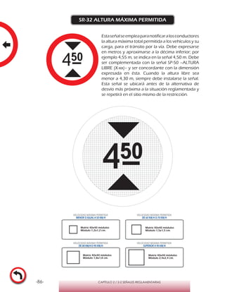 -86- CAPÍTULO 2 / 2-2 SEÑALES REGLAMENTARIAS
SR-32 ALTURA MÁXIMA PERMITIDA
Estaseñalseempleaparanotificaralosconductores
la altura máxima total permitida a los vehículos y su
carga, para el tránsito por la vía. Debe expresarse
en metros y aproximarse a la décima inferior; por
ejemplo 4,55 m, se indica en la señal 4,50 m. Debe
ser complementada con la señal SP-50 –ALTURA
LIBRE (X-xx)– y ser concordante con la dimensión
expresada en ésta. Cuando la altura libre sea
menor a 4,30 m, siempre debe instalarse la señal.
Esta señal se ubicará antes de la alternativa de
desvío más próxima a la situación reglamentada y
se repetirá en el sitio mismo de la restricción.
VELOCIDAD MÁXIMA PERMITIDA
MENOR O IGUAL A 50 KM/H
VELOCIDAD MÁXIMA PERMITIDA
DE 60 KM/H O 70 KM/H
VELOCIDAD MÁXIMA PERMITIDA
DE 80 KM/HO 90 KM/H
VELOCIDAD MÁXIMA PERMITIDA
SUPERIOR A 90 KM/H
Matriz 40x40 módulos
Módulo 1,2x1,2 cm.
Matriz 40x40 módulos
Módulo 1,5x1,5 cm.
Matriz 40x40 módulos
Módulo 1,8x1,8 cm.
Matriz 40x40 módulos
Módulo 2,4x2,4 cm.
 