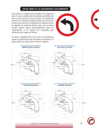 -91-CAPÍTULO 2 / 2-2 SEÑALES REGLAMENTARIAS
SR-05 GIRO A LA IZQUIERDA SOLAMENTE
Esta señal se emplea para notificar al conductor
que el único sentido de circulación permitido de
uno o más carriles es el de un giro a la izquierda.
Puede ser colocada al lado exterior al carril o por
encima del carril y se empleará en intersecciones
en donde se requiera indicar que uno o varios
carriles deben usarse exclusivamente para ese
movimiento, y no deben ser ocupados por
vehículos que sigan de frente.
Se debe complementa con marcas consistentes
sobre el pavimento que incluyan una flecha y el
texto SOLO en cada carril al cual se aplican.
VELOCIDAD MÁXIMA PERMITIDA
MENOR O IGUAL A 50 KM/H
VELOCIDAD MÁXIMA PERMITIDA
DE 60 KM/H O 70 KM/H
VELOCIDAD MÁXIMA PERMITIDA
DE 80 KM/HO 90 KM/H
VELOCIDAD MÁXIMA PERMITIDA
SUPERIOR A 90 KM/H
2,4 cm
6,2 cm
r 10,5 cm
r 18,3 cm
4,5 cm
7,8 cm
18,9 cm
8,7 cm
4,7 cm
r 0,8 cm
0,3 cm
8,1 cm
64°
81°
16,2 cm
4,3 cm
12,1 cm
3 cm
7,7 cm
r 13,1 cm
r 22,9 cm
5,6 cm
9,8 cm
23,7 cm
10,9 cm
5,9 cm
r 1,1 cm
0,3 cm
10,2 cm
64°
81°
20,2 cm
5,4 cm
15,1 cm
3,6 cm
9,3 cm
r 15,7 cm
r 27,4 cm
6,7 cm
11,7 cm
28,4 cm
13,1 cm
7 cm
r 1,3 cm
0,4 cm
12,2 cm
64°
81°
24,2 cm
6,5 cm
18,2 cm
4,8 cm
12,4 cm
r 21 cm
r 36,6 cm
9 cm
15,6 cm
37,9 cm
17,5 cm
9,4 cm
r 1,7 cm
0,5 cm
16,2 cm
64°
81°
32,3 cm
8,6 cm
24,2 cm
60 cm 75 cm
90 cm 120 cm
 