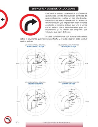 -92- CAPÍTULO 2 / 2-2 SEÑALES REGLAMENTARIAS
SR-07 GIRO A LA DERECHA SOLAMENTE
Esta señal se emplea para notificar al conductor
que el único sentido de circulación permitido de
uno o más carriles es el de un giro a la derecha.
Puede ser colocadas al lado exterior al carril o por
encima del carril y se empleará en intersecciones
en donde se requiera indicar que uno o varios
carriles deben usarse exclusivamente para ese
movimiento, y no deben ser ocupados por
vehículos que sigan de frente.
Se debe complementar con marcas consistentes
sobre el pavimento que incluyan una flecha y el texto SOLO en cada carril al
cual se aplican.
VELOCIDAD MÁXIMA PERMITIDA
MENOR O IGUAL A 50 KM/H
VELOCIDAD MÁXIMA PERMITIDA
DE 60 KM/H O 70 KM/H
VELOCIDAD MÁXIMA PERMITIDA
DE 80 KM/HO 90 KM/H
VELOCIDAD MÁXIMA PERMITIDA
SUPERIOR A 90 KM/H
2,4 cm
6,2 cm
r 10,5 cm
r 18,3 cm
4,5 cm
7,8 cm
18,9 cm
8,7 cm
4,7 cm
r 0,8 cm
0,3 cm
8,1 cm
64°
81°
16,2 cm
4,3 cm
12,1 cm
3 cm
7,7 cm
r 13,1 cm
r 22,9 cm
5,6 cm
9,8 cm
23,7 cm
10,9 cm
5,9 cm
r 1 cm
0,3 cm
10,2 cm
64°
81°
20,2 cm 15,1 cm
5,4 cm
3,6 cm
9,3 cm
r 15,8 cm
r 27,4 cm
6,7 cm
11,7 cm
28,4 cm
13,1 cm
7 cm
r 1,3 cm
0,4 cm
12,2 cm
64°
81°
24,2 cm
18,2 cm
6,5 cm
4,8 cm
12,4 cm
r 21 cm
r 36,6 cm
9 cm
15,6 cm
37,9 cm
17,5 cm
9,4 cm
r 1,7 cm
0,5 cm
16,2 cm
64°
81°
32,3 cm
24,2 cm
8,6 cm
60 cm 75 cm
90 cm 120 cm
 