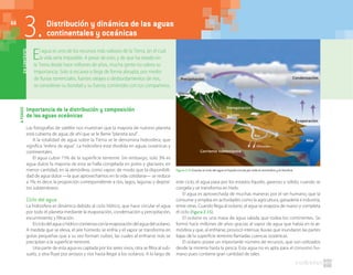 68
Importancia de la distribución y composición
de las aguas oceánicas
Las fotografías de satélite nos muestran que la mayoría de nuestro planeta
está cubierta de agua; de ahí que se le llame “planeta azul”.
A la totalidad de agua sobre la Tierra se le denomina hidrosfera, que
significa “esfera de agua”. La hidrosfera está dividida en aguas oceánicas y
continentales.
El agua cubre 71% de la superficie terrestre. Sin embargo, solo 3% es
agua dulce; la mayoría de esta se halla congelada en polos y glaciares; en
menor cantidad, en la atmósfera, como vapor; de modo que la disponibili-
dad de agua dulce —la que aprovechamos en la vida cotidiana— se reduce
a 1%; es decir, la proporción correspondiente a ríos, lagos, lagunas y depósi-
tos subterráneos.
Ciclo del agua
La hidrosfera es dinámica debido al ciclo hídrico, que hace circular el agua
por todo el planeta mediante la evaporación, condensación y precipitación,
escurrimiento y filtración.
Elciclodelaguaohídricocomienzaconlaevaporacióndelaguadelocéano.
A medida que se eleva, el aire húmedo se enfría y el vapor se transforma en
gotas pequeñas que a su vez forman nubes, las cuales al enfriarse más se
precipitan a la superficie terrestre.
Una parte de esta agua es captada por los seres vivos, otra se filtra al sub-
suelo, y otra fluye por arroyos y ríos hasta llegar a los océanos. A lo largo de
este ciclo, el agua pasa por los estados líquido, gaseoso y sólido, cuando se
congela y se transforma en hielo.
El agua es aprovechada de muchas maneras por el ser humano, que la
consume y emplea en actividades como la agricultura, ganadería e industria,
entre otras. Cuando llega al océano, el agua se evapora de nuevo y completa
el ciclo (figura 2.15).
El océano es una masa de agua salada que rodea los continentes. Se
formó hace millones de años gracias al vapor de agua que había en la at-
mósfera y que, al enfriarse, provocó intensas lluvias que inundaron las partes
bajas de la superficie terrestre llamadas cuencas oceánicas.
El océano posee un importante número de recursos, que son utilizados
desde la minería hasta la pesca. Esta agua no es apta para el consumo hu-
mano pues contiene gran cantidad de sales.
AFONDO
El agua es uno de los recursos más valiosos de la Tierra, sin el cual
la vida sería imposible. A pesar de esto, y de que ha estado en
la Tierra desde hace millones de años, mucha gente no valora su
importancia. Solo si escasea o llega de forma abrupta, por medio
de lluvias torrenciales, fuertes oleajes o desbordamientos de ríos,
se consideran su bondad y su fuerza; coméntalo con tus compañeros.
ENCONTEXTO
3.Distribución y dinámica de las aguas
continentales y oceánicas
Figura 2.15 Gracias al ciclo del agua el líquido circula por toda la atmósfera y la litosfera.
68
 