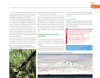 87
Los climas tropicales (A) se caracterizan por
altas temperaturas durante todo el año y poca
amplitud térmica; es decir, poca variación de la
temperatura a lo largo del día y del año.
En este tipo de climas se presentan las mayo-
res precipitaciones, repartidas a lo largo del año o
en el verano. La humedad y la temperatura des-
cienden conforme nos alejamos del ecuador y
nos acercamos a los trópicos (figura 2.31).
En los climas secos (B) hay escasez de vapor
de agua en la atmósfera y la temperatura pre-
senta variaciones extremas entre el día y la noche.
Las zonas representativas de este clima son el
norte de África, las zonas centrales de América del
Norte, Australia y Asia.
Las zonas con climas templados (C) tienen
temperatura promedio de 18 °C y precipitaciones
moderadas. Este tipo de clima se localiza prin-
cipalmente al sur de Canadá, Estados Unidos
de América, Japón, centro occidente de Europa,
América del Sur y este de Australia.
Los climas fríos y polares (D y E, respectiva-
mente) se caracterizan por tener temperaturas
bajas, muchas veces menores a los 0 °C y escasas
precipitaciones. La humedad en el aire es poca
y el viento suele ser bastante fuerte, lo que pro-
duce la sensación de que la temperatura es más
baja. Estos climas se localizan principalmente
en el centro de Alaska, centro y sur de Canadá,
Rusia, Finlandia, Siberia y Groenlandia (figura
2.32).
Diversidad climática del mundo
y de México
La distribución de los climas origina diversos pai-
sajes. Las características y la adaptación de las
especies corresponden a las particularidades
del clima.
Por ejemplo, en zonas con clima seco y poca
precipitación, las plantas desarrollan espinas y un
tallo grueso para retener humedad; mientras que
en zonas cálidas y lluviosas, las hojas son delgadas
y anchas para aprovechar la humedad y la radia-
ción solar.
Climas de México
En México hay gran diversidad de climas, debido
a su forma, ubicación, relieve y distribución de tie-
rras y mares respecto al ecuador. Esto permite ob-
servar diversos paisajes.
Figura 2.31 La selva brasileña es producto de las elevadas
temperaturas y las altas precipitaciones, condiciones características
de regiones cercanas al ecuador.
Figura 2.32 Las condiciones climáticas extremas dificultan el desarrollo de la biodiversidad.
■ Investigalatemperaturapromediodetulocalidad.
◗ Consulta los datos pedidos en la actividad anterior.
◗ Responde con base en esta información y la
clasificación de clima de Köppen.
● ¿Cuál es el clima en tu localidad?
◗ Compara tu respuesta con la información del
mapa de climas de México (mapa 2.13).
● ¿Coincide el clima de tu localidad
con la información del mapa?
ACTIVIDAD
Para saber más sobre el tema consulta
www.e-sm.com.mx/SG1-87
◗ Comenta el contenido con tu grupo.
TIC
● R. T. Para el D.F. es Cw.
● R. T. Si, el clima coincide con toda la cuenca de México.
 