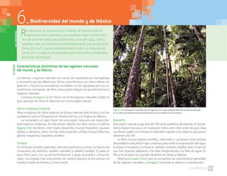 90
Características distintivas de las regiones naturales
del mundo y de México
Las biomas o regiones naturales son zonas con características homogéneas
y constantes que las diferencian. Dichas características son clima, relieve, ve-
getación y fauna. Los ecosistemas mundiales se han agrupado por sus ca-
racterísticas semejantes de flora y fauna para integrar los grandes biomas o
regiones naturales.
Compara el mapa 2.12 de climas con el de regiones naturales y fíjate en
que cada tipo de clima se relaciona con cierta región natural.
Selva o bosque tropical
Abarca regiones de clima tropical con lluvias intensas todo el año y ríos tan
caudalosos como el Amazonas, en América del Sur, y el Grijalva, en México.
La humedad y el calor hacen de esta región natural la de mayor bio-
diversidad en el planeta. En ella existen árboles tan altos como un edificio
(figura 2.35). Asimismo, viven tigres, leopardos, monos trepadores, iguanas,
águilas y caimanes, entre muchas otras especies. La flora incluye helechos,
plantas trepadoras, orquídeas, etcétera.
Estepa
Se forma por amplios pastizales, arbustos espinosos y cactos. Su fauna está
compuesta de roedores, reptiles, camellos y caballos salvajes. El suelo es
poco fértil, pero, con ayuda de fertilizantes y agua, se pueden cultivar fo-
rrajes. Las estepas más importantes de nuestro planeta se encuentran en
Estados Unidos de América y Asia Central.
Desierto
Esta región natural ocupa más de 14% de la superficie del planeta. En los de-
siertos llueve muy poco; en ocasiones, transcurren años antes de que caiga
una lluvia. Suelen encontrarse en latitudes mayores a los trópicos, aproxima-
damente a los 30°.
Su flora incluye plantas xerófilas, matorrales y cactáceas; estas plantas
desarrollaron pequeñas hojas o espinas para evitar la evaporación del agua.
Aunque no lo parezca, la fauna es variada: roedores, reptiles, aves e insectos
que han logrado adaptarse a las altas temperaturas y la falta de agua. En
África se localizan los grandes desiertos de Sahara y Kalahari.
Observa el cuadro 2.9 en que se encuentran las características generales
de las regiones naturales, y el mapa 2.14 donde se observa su distribución.
AFONDO
Recuerda que un ecosistema se compone de factores bióticos,
organismos vivos y abióticos, que engloban todos los elementos
sin vida pero necesarios para mantenerla, como aire, agua, suelo y
radiación solar. Los ecosistemas son indispensables para la vida en la
Tierra. ¿Por qué? ¿Qué es la biodiversidad y cuál es su importancia?
Anota, en tu cuaderno, las respuestas para retomarlas y compararlas
al final del aprendizaje.
ENCONTEXTO
6.Biodiversidad del mundo y de México
Figura 2.35 Los bosques tropicales son las regiones con mayor biodiversidad del mundo; por ejemplo,
en las selvas de Indonesia el promedio de altura de los árboles es de 25 metros.
90
 