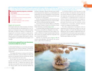 95
Región de transición
Esta región abarca las zonas cercanas a los litora-
les, donde abundan las precipitaciones, y en re-
giones con drenaje escaso, como la llanura costera
del Golfo, en Veracruz, Tabasco y Campeche. Su
vegetación es de tipo acuático y subacuático.
También se localiza en la planicie costera de
Nayarit, parte de Tamaulipas, Michoacán y Jalisco.
La vegetación característica de esta región es el
mangle.
Condiciones geográficas que favorecen
la biodiversidad en la Tierra
La diversidad biológica es una de las principales
características de nuestro planeta. Comprende
todas las especies de plantas, animales y micro-
organismos.
A lo largo del tiempo, la interacción de facto-
res del medio físico, como el relieve, el clima y la
latitud, ha originado distintos ambientes donde
viven y evolucionan los seres vivos.
No se sabe con exactitud cuántas especies
existen en el planeta. Los científicos han iden-
tificado cerca de 1.7 millones de especies, pero
calculan que pueden existir entre 40 y 80 millo-
nes, de las cuales, ocho de cada diez habitan los
bosques tropicales. Algunos factores que inciden
en la riqueza de las regiones y su diversidad es el
aislamiento de zonas geográficas, lo que permite
el desarrollo de especies endémicas; es decir, que
solo existen en cierta región.
De los cerca de 200 países del mundo, doce se
consideran megadiversos pues en conjunto alber-
gan 70% de la biodiversidad del planeta.
Entre estos se encuentran México, Colombia,
Perú, Brasil, Estados Unidos de América, China,
India, Indonesia y Australia (mapa 2.16).
La biodiversidad está determinada por la suma
de procesos atmosféricos reflejados en el clima.
Las regiones tropicales de clima cálido y hú-
medo contienen la mayor biodiversidad. Nuestro
país cuenta con amplias regiones tropicales en el
sur y sureste del territorio.
Además, las regiones secas (figura 2.39) de
nuestro país albergan 700 especies de cactos,
de las cuales 518 son endémicas.
La biodiversidad es esencial para la vida
del ser humano. No obstante, este ha ejercido
una fuerte influencia al alterar el hábitat de va-
rias especies, provocando una disminución en
su población. La deforestación, la pesca ex-
cesiva, el abuso de fertilizantes en la agricul-
tura son ejemplo de estas actividades. Es im-
portante mencionar que los eventos, como
inundaciones o incendios, también afectan
y ponen en peligro la biodiversidad.
Por ello, organismos mundiales como la
Oganización de las Naciones Unidas (ONU, por sus
siglas en inglés) y el Fondo Mundial para la Vida
Salvaje (WWF, por sus siglas en inglés) han hecho re-
comendaciones a los países para que protejan y
procuren el cuidado de toda especie faunística y
florística que habita en la Tierra.
Figura 2.39 Cuatrociénegas, en Coahuila, es un oasis de temporal. En esta región habitan alrededor de 75 especies endémicas.
■ Contesta las siguientes preguntas y coméntalas
con tu grupo.
● Menciona tres diferencias entre el desierto
y la sabana.
● ¿Qué importancia tiene el clima para clasificar
a las regiones naturales?
● ¿Por qué es importante cuidar y proteger
las regiones naturales?
ACTIVIDAD
● R. T. La oscilación térmica es mayor en el desierto, mientras que la precipitación y la vegetación son menores.
● R. T. El clima determina el tipo de vegetación; al conocer el clima podemos inferir, en muchos casos, el tipo de vegetación y fauna que pueden existir en una región.
● R. P. Se deben cuidar para preservar la biodiversidad del lugar, proteger la calidad del aire, y conservar las especies endémicas y en peligro de extinción.
 