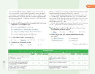 103
El escurrimiento de los afluentes del río Balsas durante cientos de miles de
años ha provocado la erosión del relieve en la zona centro y sur del país. La
erosión es tal en esta zona que se ha creado una depresión relativa a lo largo
de ocho entidades; la disminución de la altitud se refleja en el aumento de la
temperatura en esta región. El caudal que desemboca en el Océano Pacífico
crece durante el verano.
7. Los afluentes del río Balsas han formado una depresión en el relieve;
la depresión es relativa debido a que
a) se encuentra por debajo del nivel del mar.
b) el relieve continuo a la depresión tiene mayor altitud.
c) la parte por donde fluye el río está debajo del nivel del mar.
d) la diferencia de altitud es mayor a los 200 metros.
8. La cuenca del río Balsas se considera de tipo
a) arreica b) exorreica c) endorreica d) exorreica
9. La depresión del Balsas posee un clima
a) Aw. b) Af. c) BW. d) Cs.
Alberto vive en la ciudad y en la temporada de vacaciones acostumbra viajar a
casa de sus abuelos que viven en el campo, en el sur del país.
Durante su trayecto hacia el lugar donde viven sus abuelos, Alberto debe
usar ropa más ligera, se le tapan los oídos, hace más calor que en la ciudad
donde él vive; además, observa enormes ceibas, helechos y otros árboles muy
altos, que son utilizados para elaborar muebles; la vegetación es abundante,
hay animales como monos y aves.
Cuando Alberto llega a casa de su abuelos, corre a refrescarse al río y escu-
cha a los lugareños platicar acerca de la próxima cosecha de naranjas.
10. ¿Con qué tipo de región natural o vegetación se relaciona el lugar
donde viven los abuelos de Alberto?
a) Selva. b) Estepa. c) Bosque. d) Desierto.
11. Además de las ceibas, ¿qué otro tipo de árboles prevalecen en
esta región?
a) Caoba y cedros rojos. b) Oyamel y ciprés.
c) Mezquites y Cactos. d) Oyamel y caoba.
Finalizan multirreactivos
Autoevaluación
Lee los aspectos y marca el grado de desempeño que consideras que has alcanzado a lo largo del trabajo de este bimestre.
Me cuesta
trabajo.
Lo resuelvo
con ayuda.
Lo resuelvo
con facilidad.
Me cuesta
trabajo.
Lo resuelvo
con ayuda.
Lo resuelvo
con facilidad.
Relaciono la distribución de regiones sísmicas
y volcánicas en el mundo y en México con las
placas tectónicas de la Tierra.
Distingo la importancia de la captación
de agua en cuencas hídricas, así como la
disponibilidad del agua en el mundo y
en México.
Reconozco la conformación y distribución del
relieve continental y oceánico en el mundo
y en México, a partir de la dinámica interna y
externa de la Tierra.
Relaciono elementos y factores de los diferentes
tipos de climas en el mundo y en México.
Distingo la importancia de la distribución
y dinámica de las aguas oceánicas y
continentales en el mundo y en México.
Aprecio la importancia de las condiciones
geográficas que favorecen la biodiversidad
en el mundo y en México.
R. P.
 